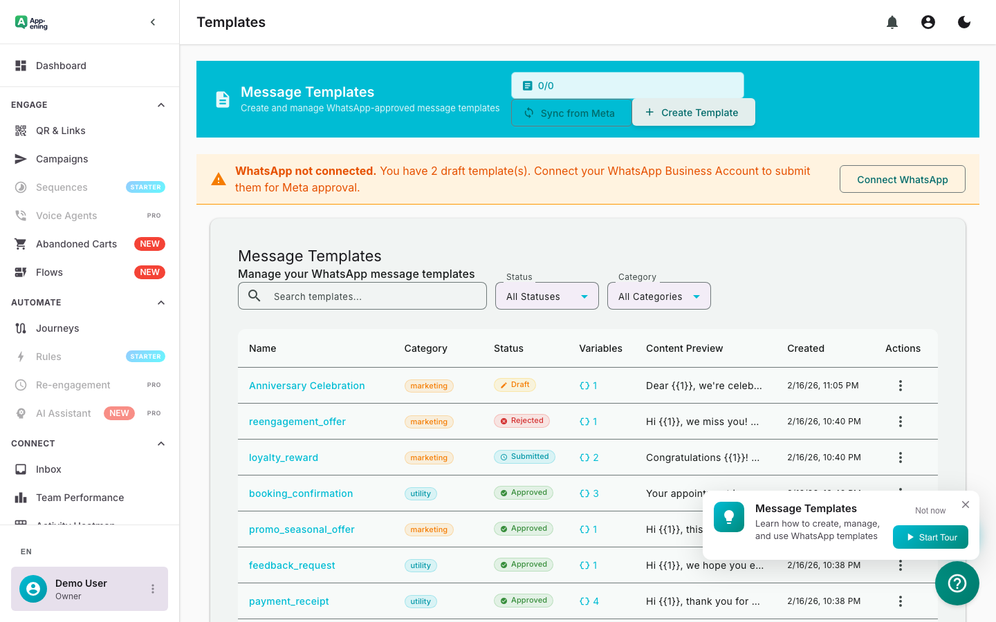 Submit for Approval — Message Templates screenshot
